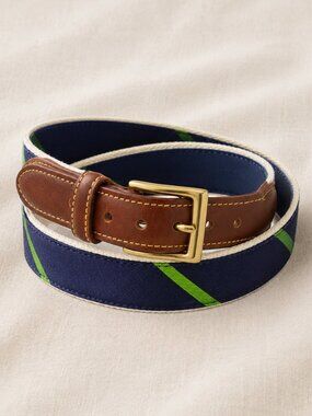 Collared Greens Navy Green Stripe Ribbon Belt Leather Brass Buckle USA 34